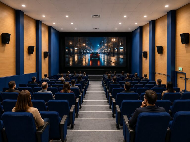 Vista di una sala cinematografica con poltrone blu