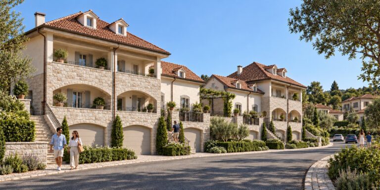Visualizzazione progettuale di residenze in pietra e terracotta